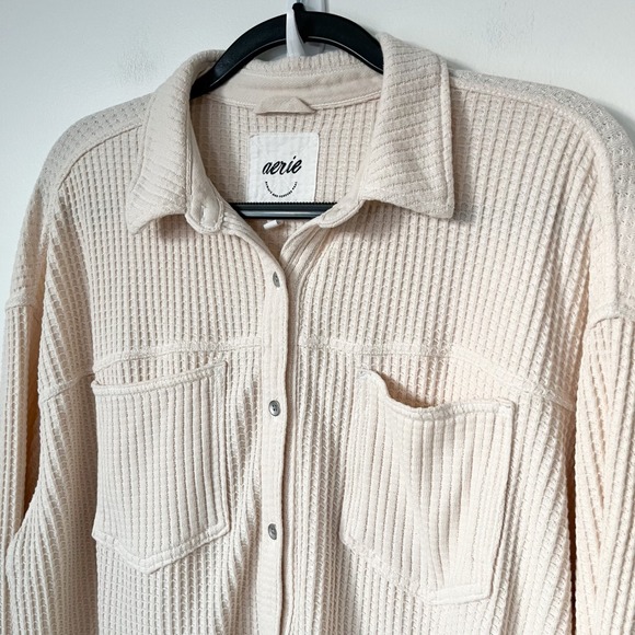 Aerie Anytime Fave Waffle Oversized Button Shirt Womens Medium Cake Batter Cream - Picture 5 of 14